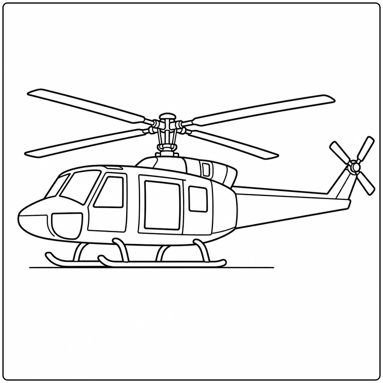 Kleurplaat leger helikopter in zijaanzicht met landingsski’s en een grote hoofdrotor