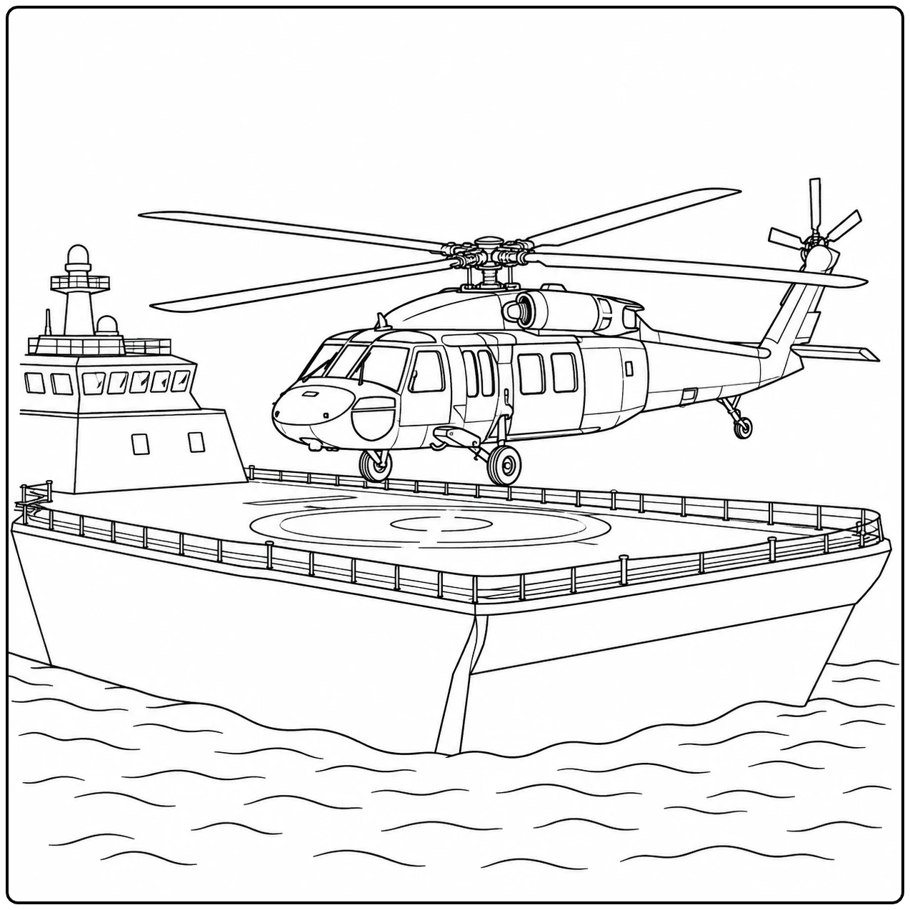 Een militaire helikopter staat op het dek van een schip dat over rustige golven vaart