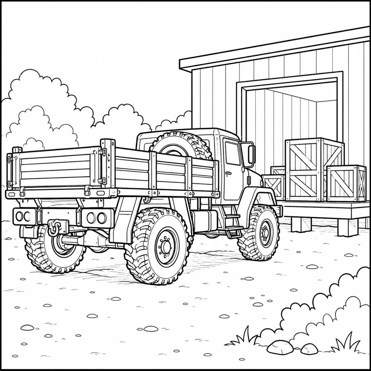 Militaire terreinwagen gezien van achteren bij een loods, met reserveband, kratten en struiken.