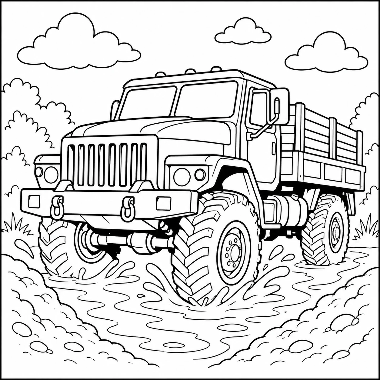 Kleurplaat leger vrachtwagen rijdt met grove banden door modderige sporen langs struiken en wolken.