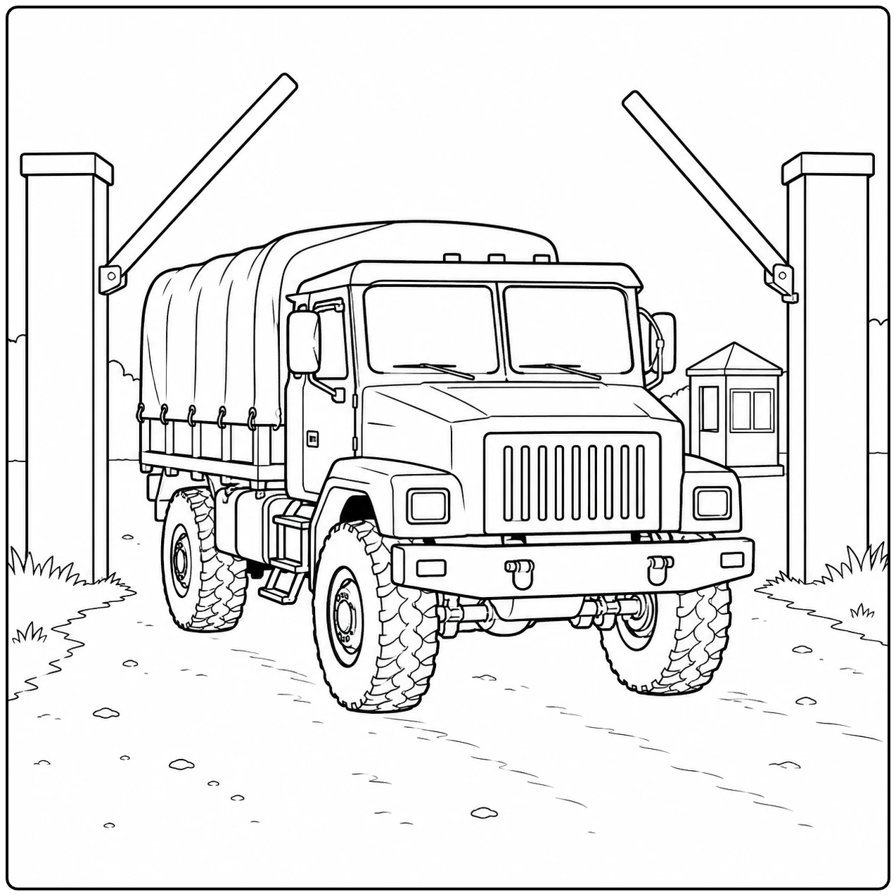 Bij een slagboom rijdt een kleurplaat leger vrachtwagen langs een kleine wachtpost het terrein op.