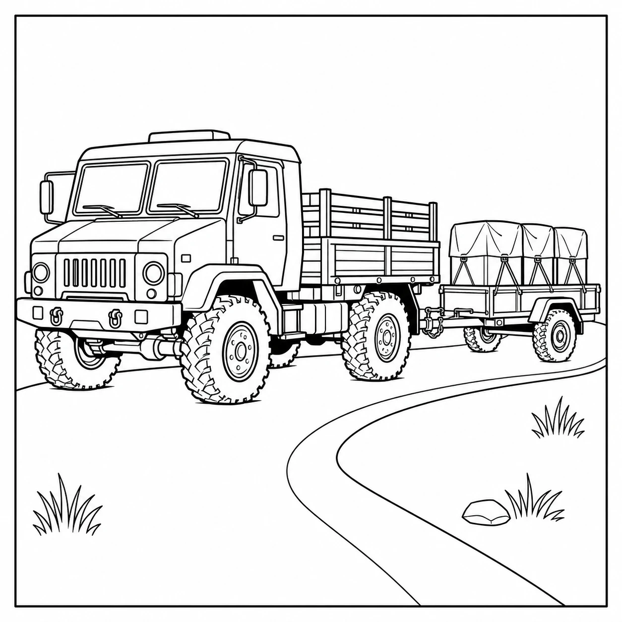 Op een bochtige weg trekt de kleurplaat leger vrachtwagen een lange aanhanger met twee assen.