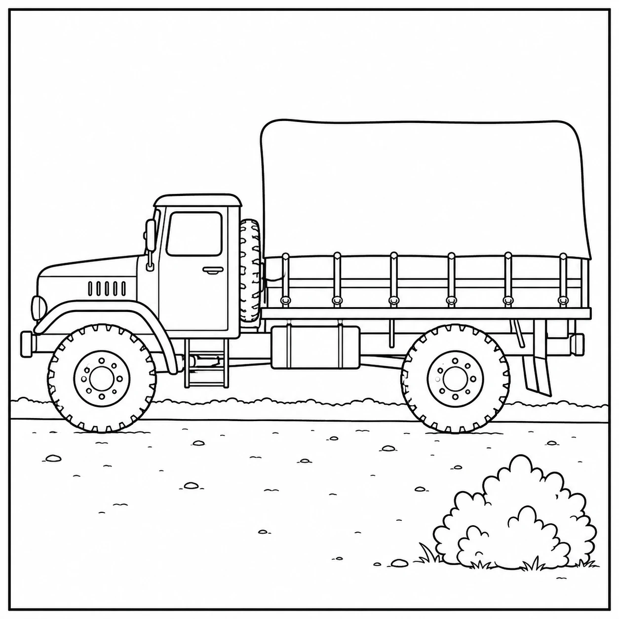 Legervrachtwagen in volledig zijaanzicht met hoge huif, lange laadbak en stevige terreinbanden.