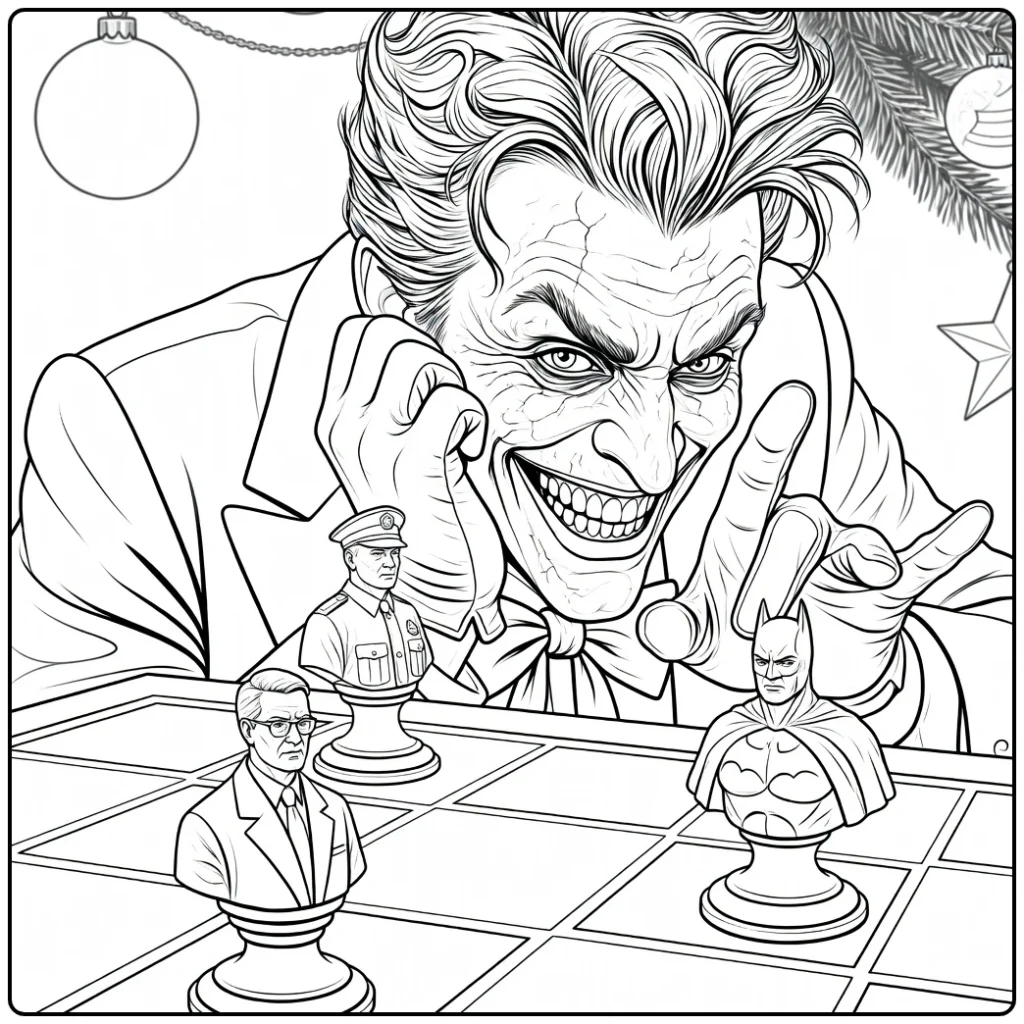 Joker Kleurplaat van een clown met paarse handschoenen die vooroverleunt over een schaakbord met bustes