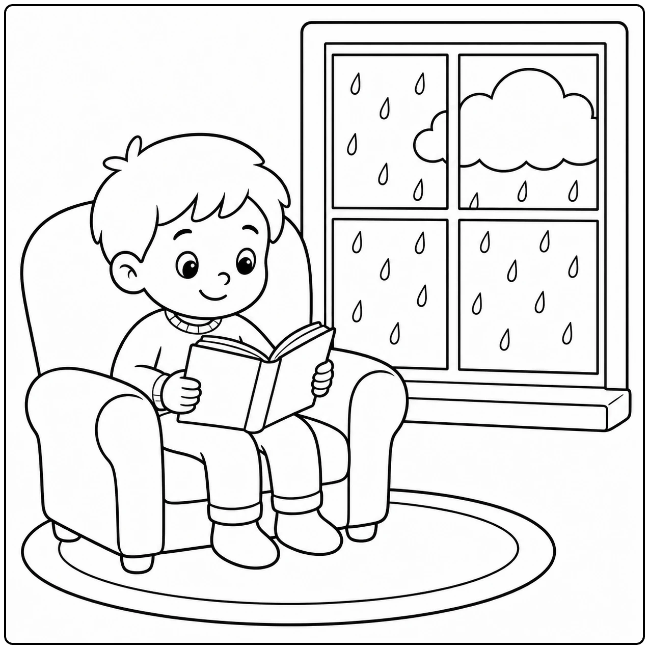 Jongen leest in een fauteuil naast een raam vol regendruppels en een regenwolk
