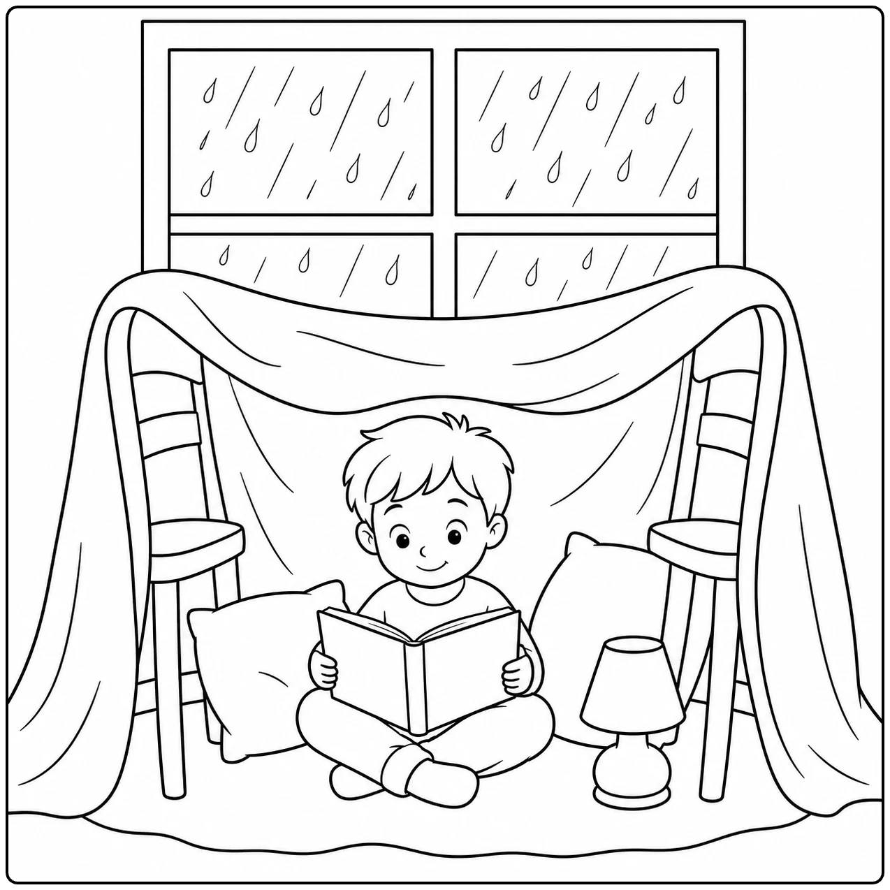 Kind leest in een dekenfort met kussens en een lamp terwijl het buiten regent