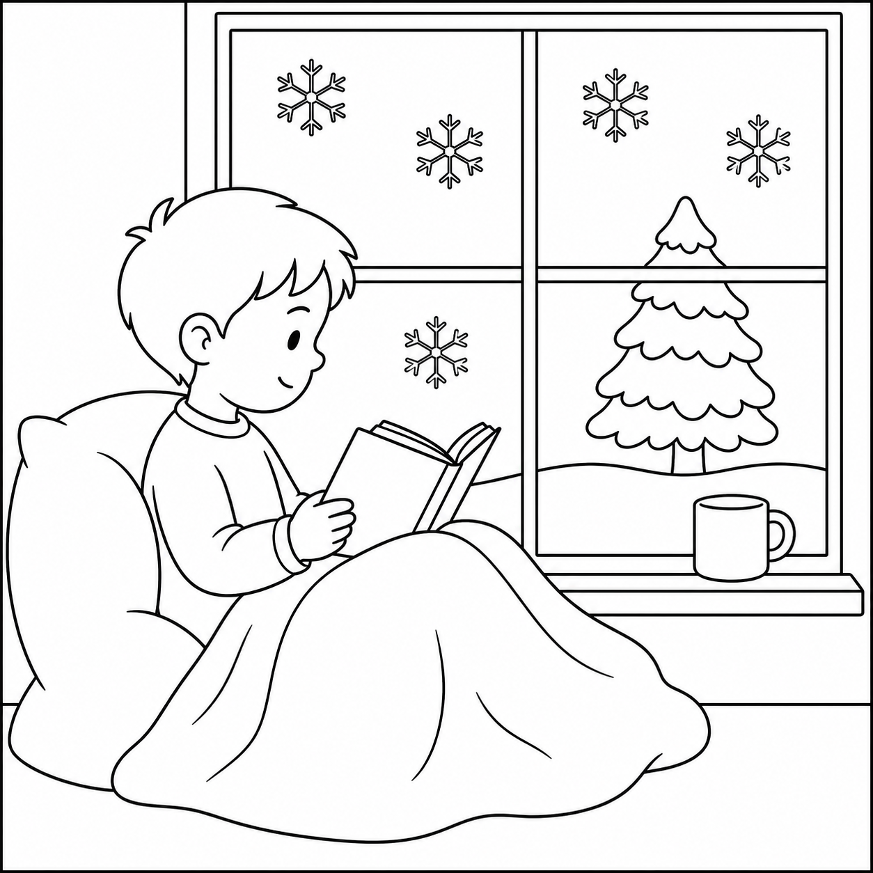 Kind leest onder een warme deken bij het raam, een knusse kleurplaat sneeuw voor winterdagen
