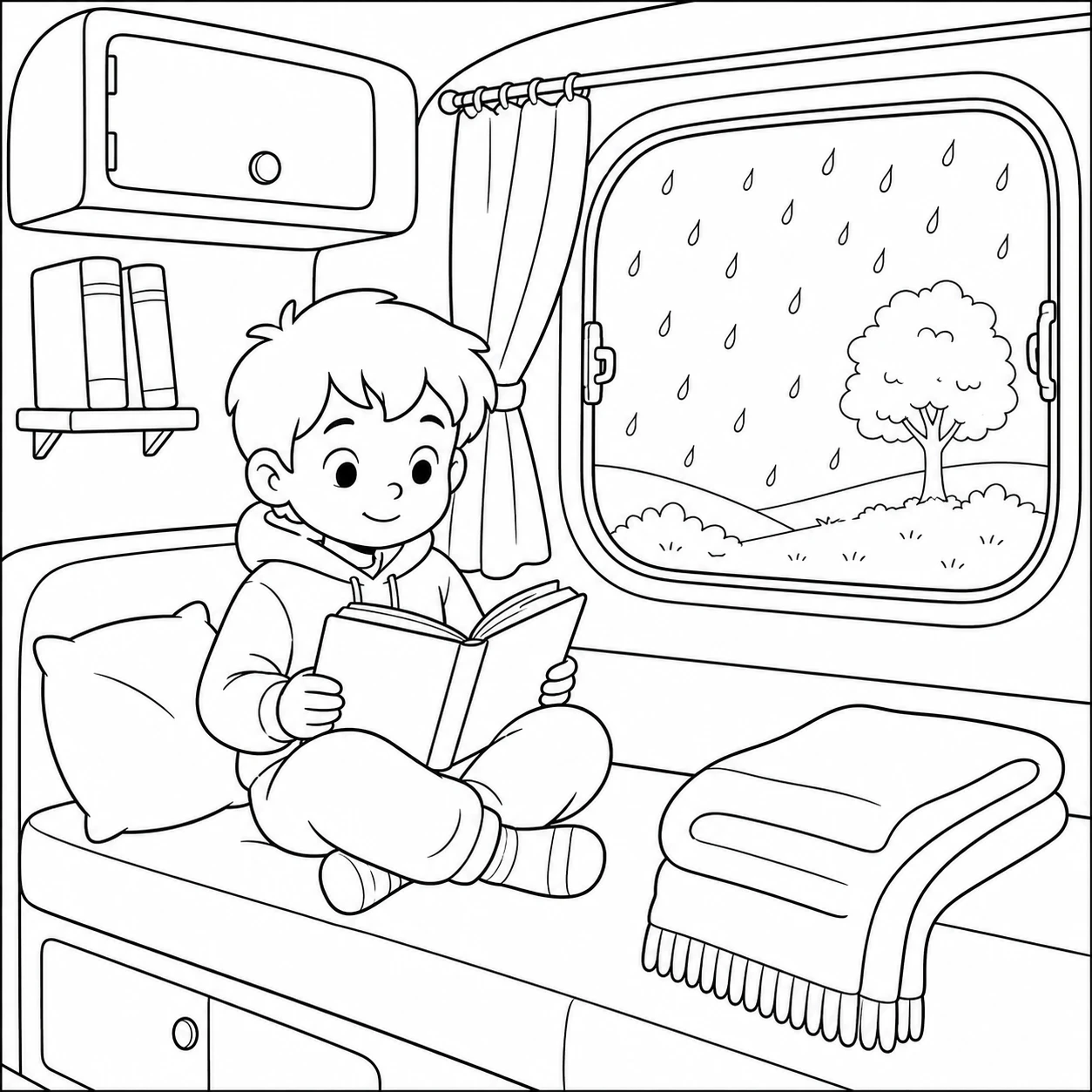Kind leest op een zitbank in de caravan, naast een regenachtig raam en opgevouwen dekens.