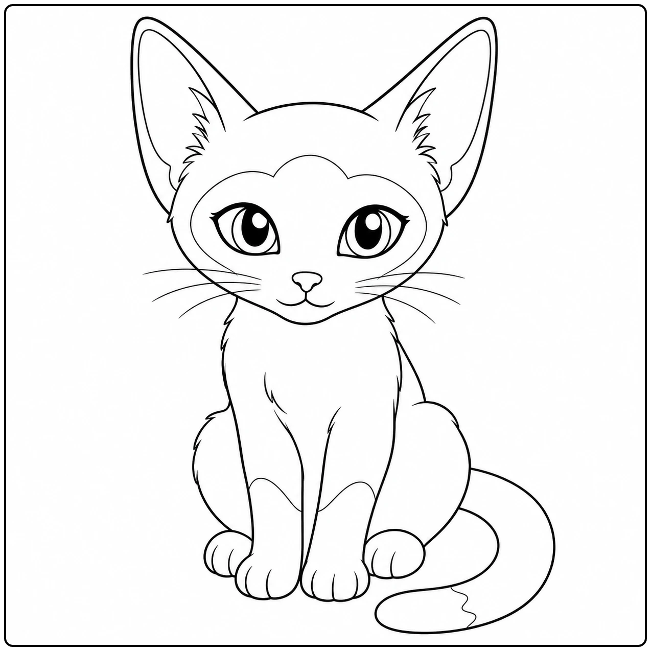 Rustige kitten zit frontaal met brede ogen; een eenvoudige kleurplaat siamese kat voor kinderen