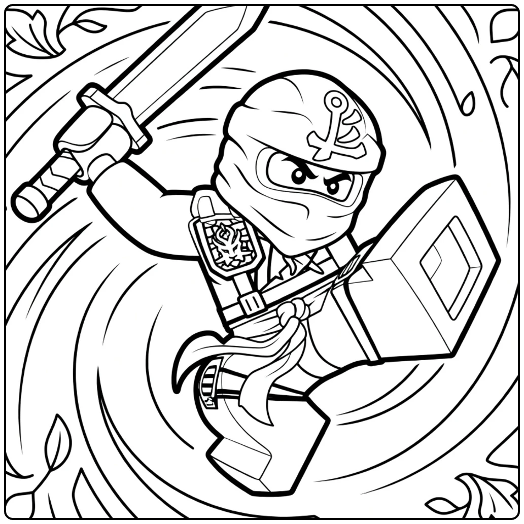 Lego ninja met groen masker springt met zwaard omhoog lloyd ninjago kleurplaat