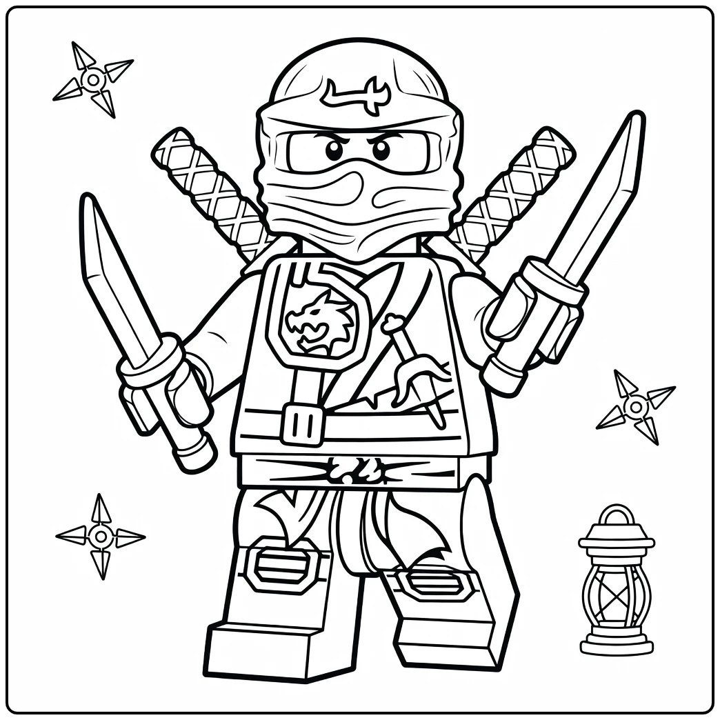 Lloyd als ninjago krijger met groene wapenrusting en zwaarden lloyd ninjago kleurplaat