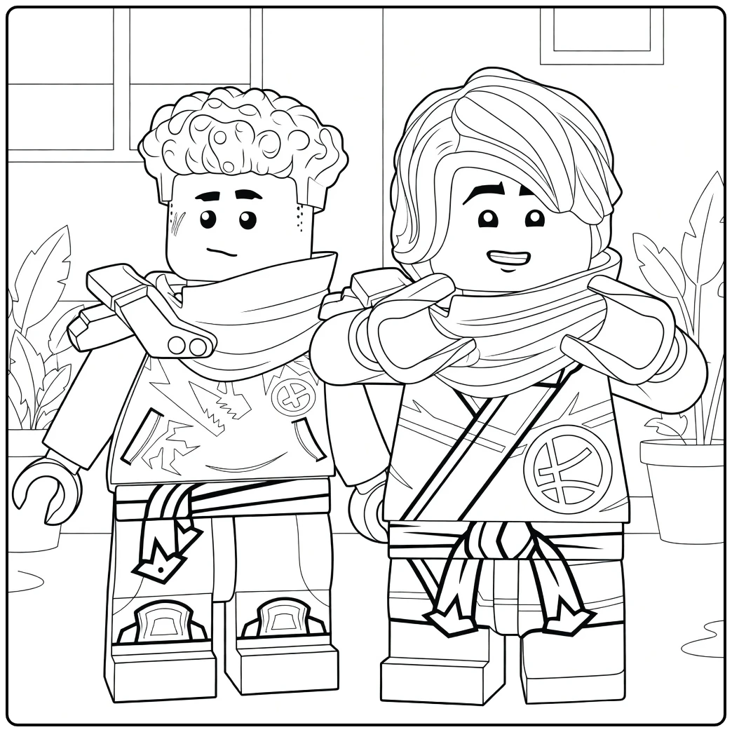 Twee Ninjago-figuren naast elkaar met hoge kragen en emblemen lloyd ninjago kleurplaat