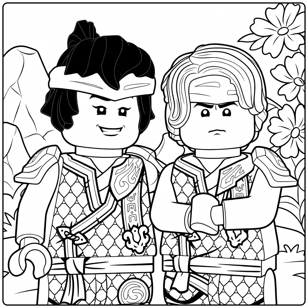 Twee figuren met hoofdbanden staan zij aan zij lloyd ninjago kleurplaat