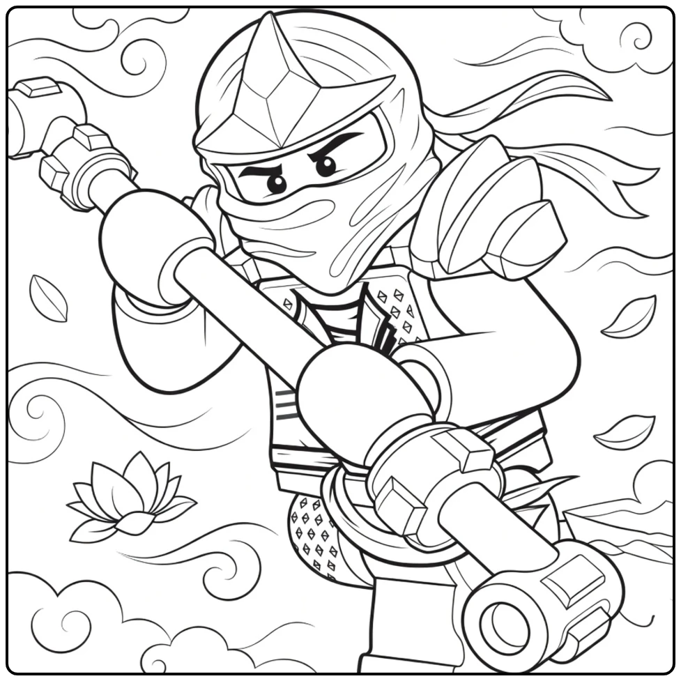 lloyd ninjago kleurplaat van de groene ninja met gekruiste gouden wapens