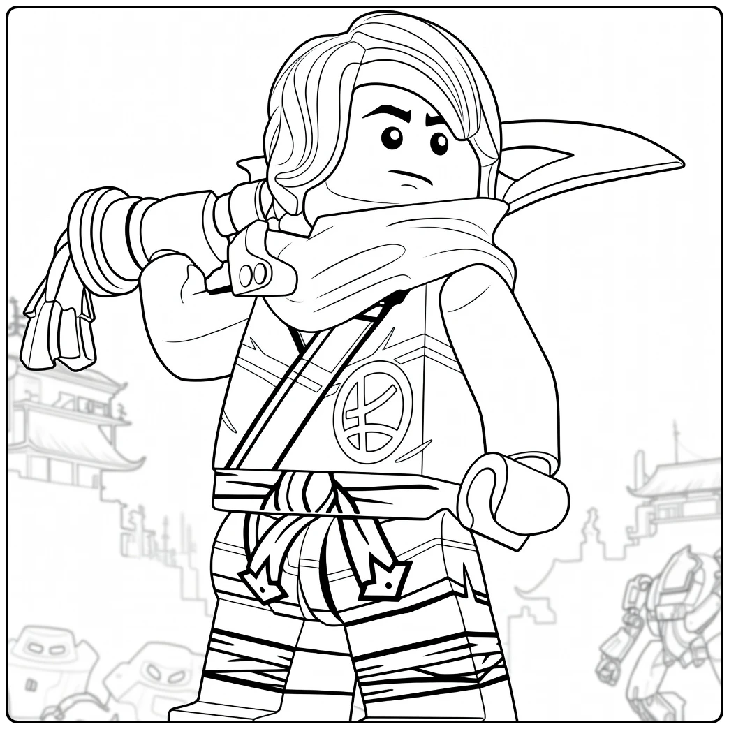 Lloyd met blonde haren en groot wapen over de schouder lloyd ninjago kleurplaat