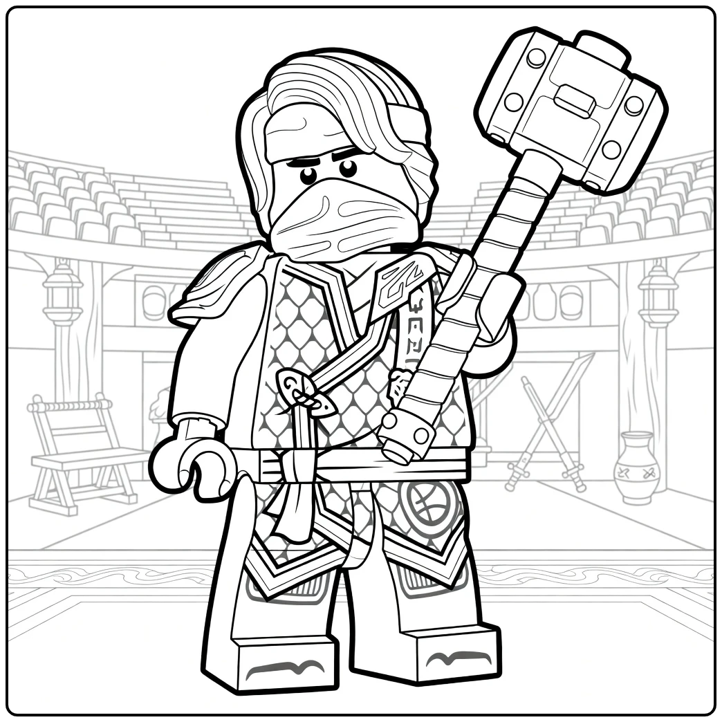 Lloyd minifiguur met groene schubbenrusting en grote mace lloyd ninjago kleurplaat