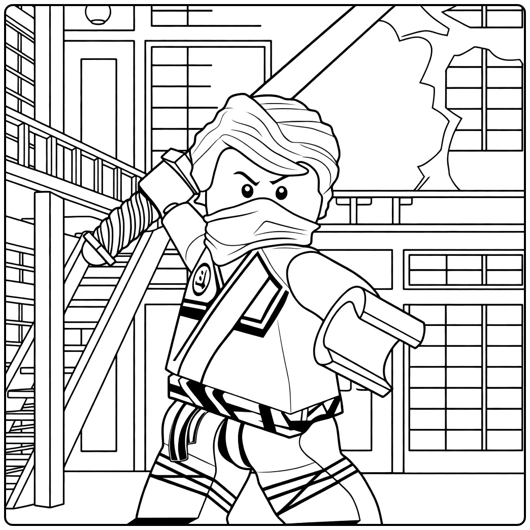 Groene ninja met blond haar en zwaard omhoog lloyd ninjago kleurplaat