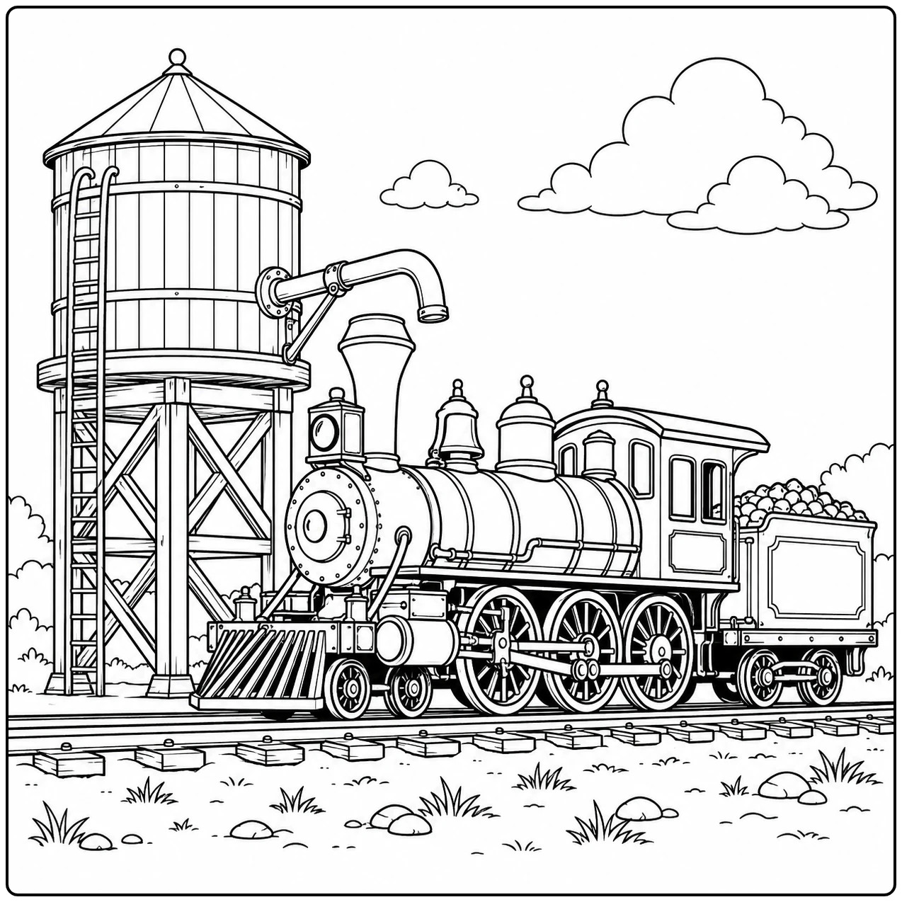Stoomlocomotief staat naast een hoge watertoren en trekt een kolenwagon over het spoor