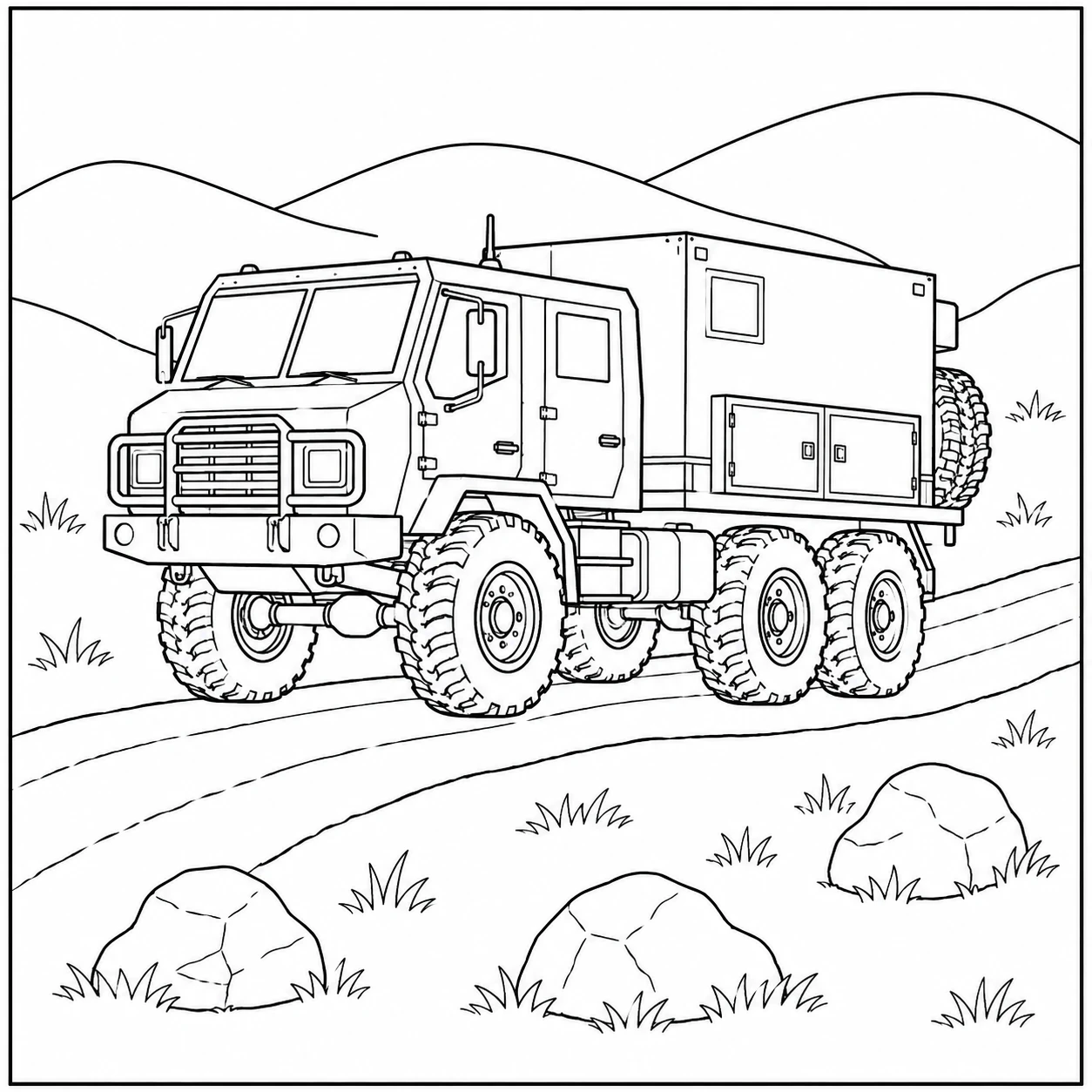 Kleurplaat militaire voertuigen met een hoge logistieke vrachtwagen tussen heuvels en rotsen.
