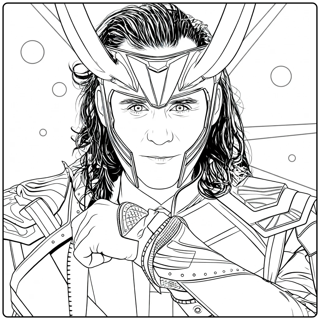 Loki Kleurplaat van een man met lang donker haar en hoornen helm met geheven vuist