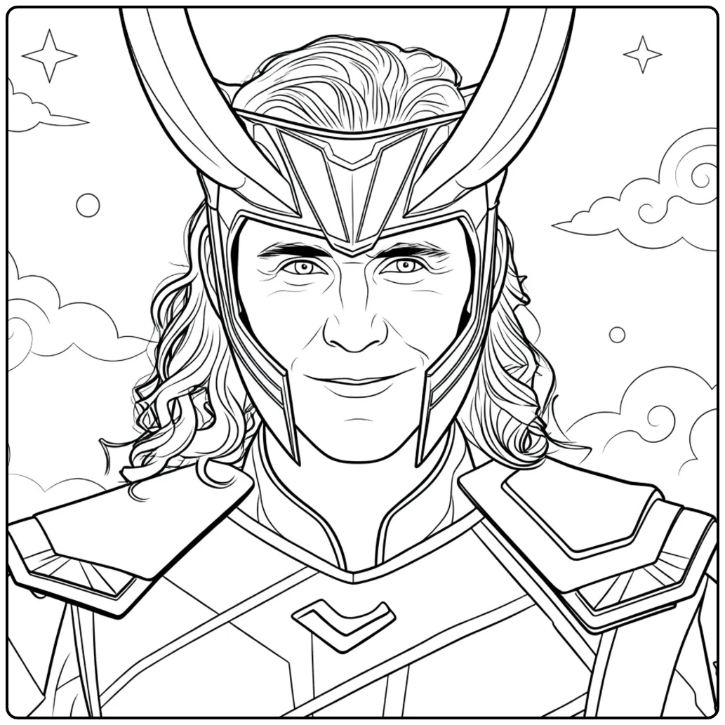 Loki met schouderlang golvend haar en gehoornde helm in harnas Loki Kleurplaat