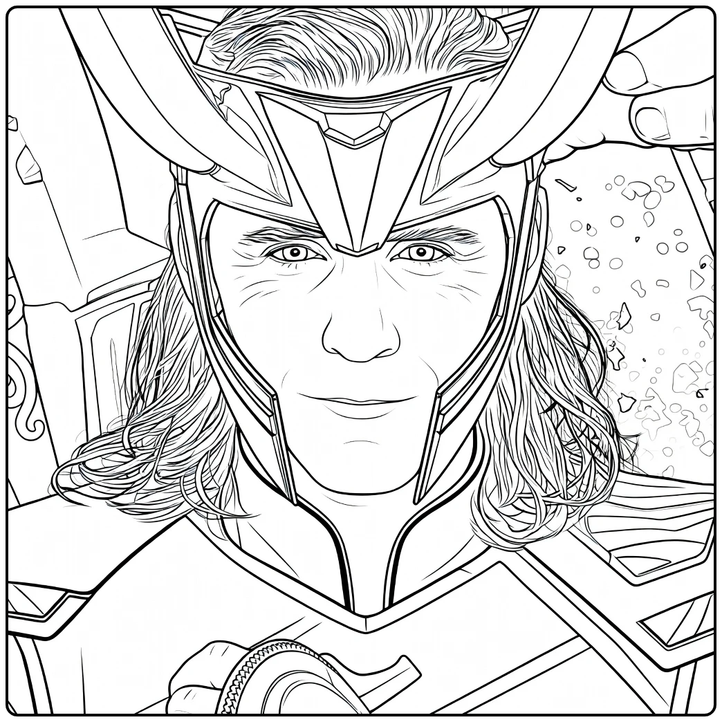 Man met lang haar en hoornen helm in harnas met rond voorwerp in de hand Loki Kleurplaat
