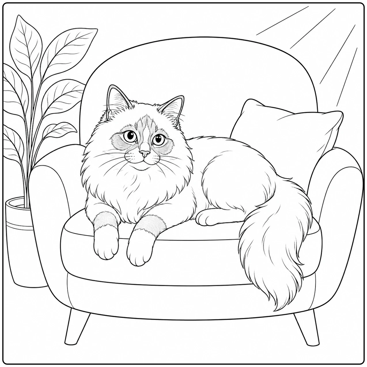 Rustige Birmaanse kat ligt languit in een zachte fauteuil met kussens, omringd door bladeren en zonlicht.