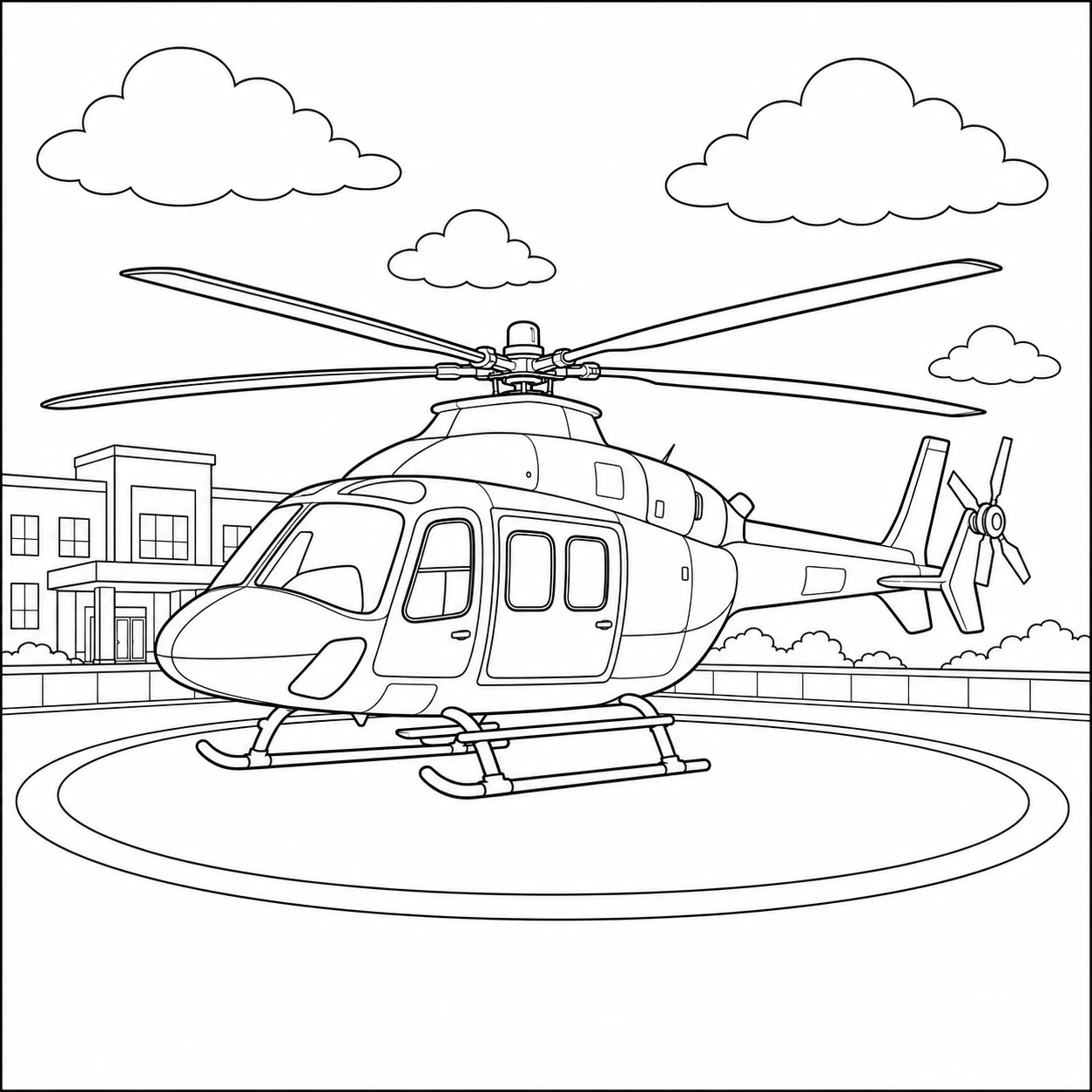 Luchtambulancehelikopter staat op een landingsplatform met gebouwen en wolken op de achtergrond