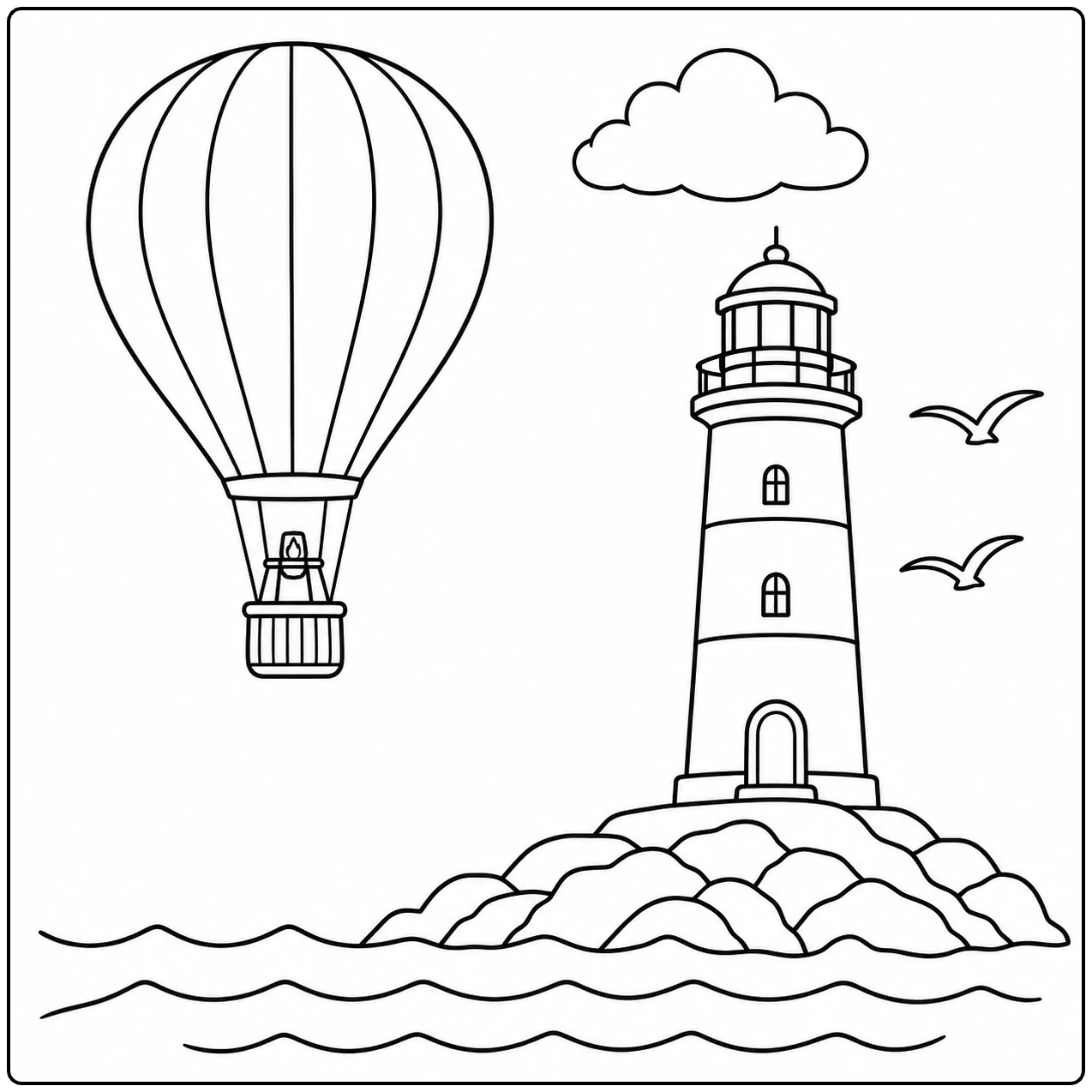 Luchtballon vliegt langs een vuurtoren op rotsen, met golven en vogels aan de kust