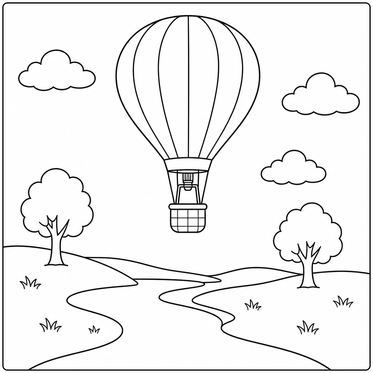 Gestreepte ballon boven een slingerend landschap met twee bomen en zachte wolken