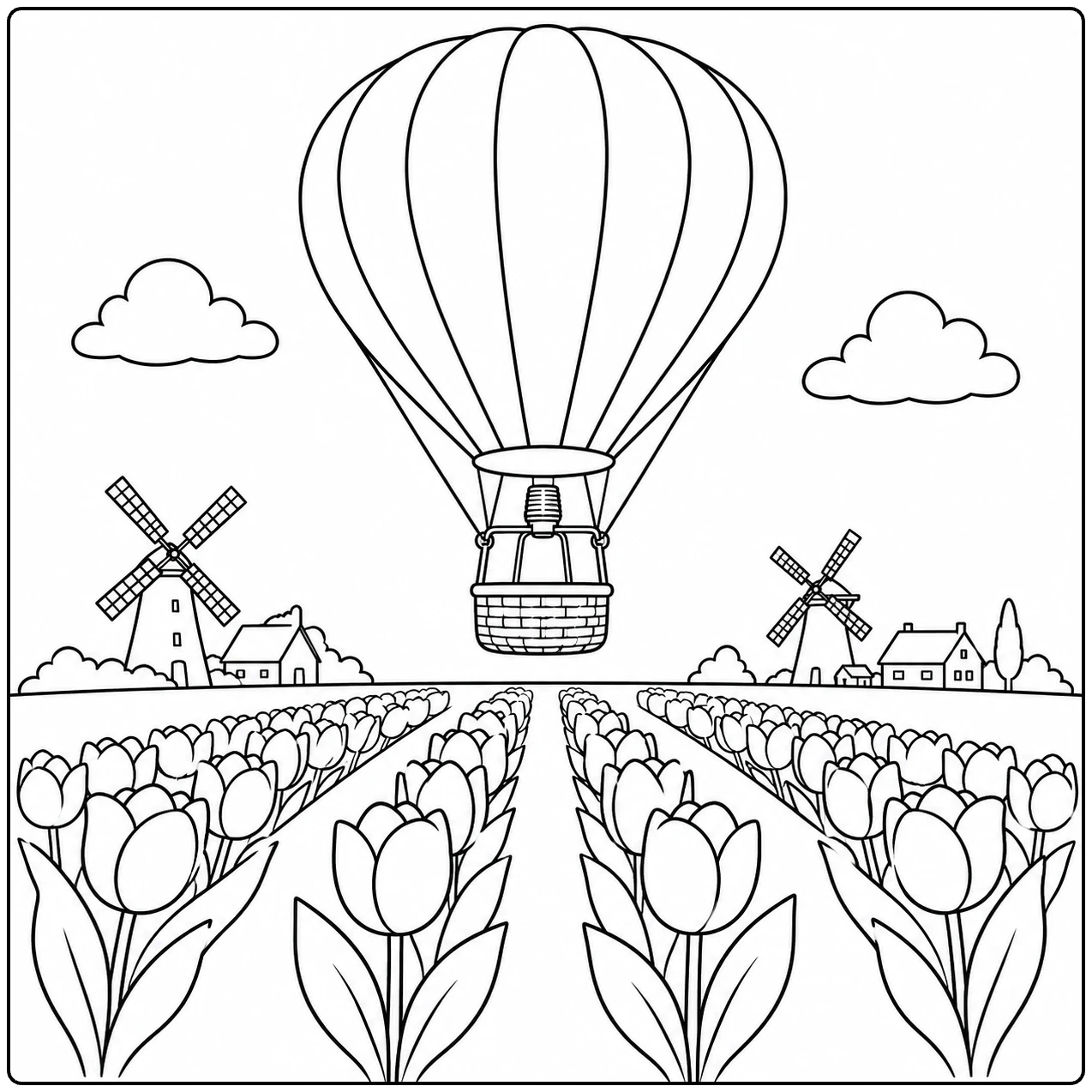 Nederlandse kleurplaat luchtballon boven tulpenvelden, windmolens en kleine huisjes