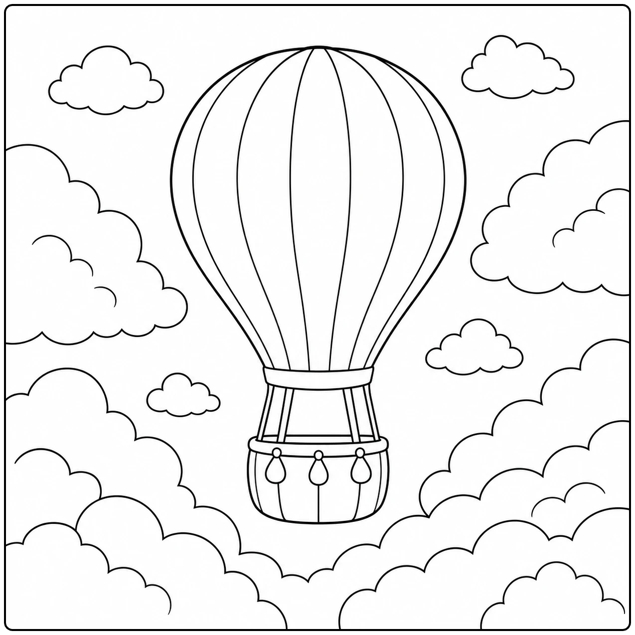 Luchtballon zweeft tussen veel ronde wolken met open vlakken om makkelijk te kleuren