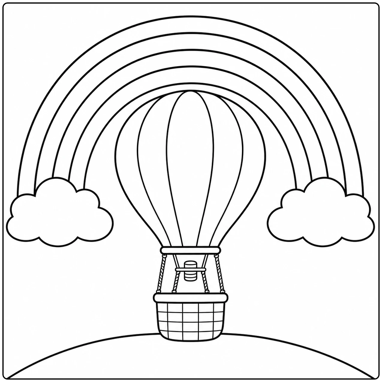 Kleurplaat luchtballon onder een brede regenboog tussen twee ronde wolken