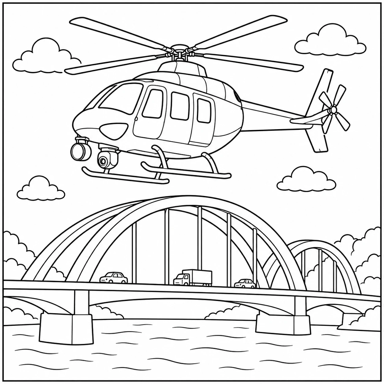 Politiehelikopter vliegt boven een boogbrug met rustig water, wolken en een verre rivieroever