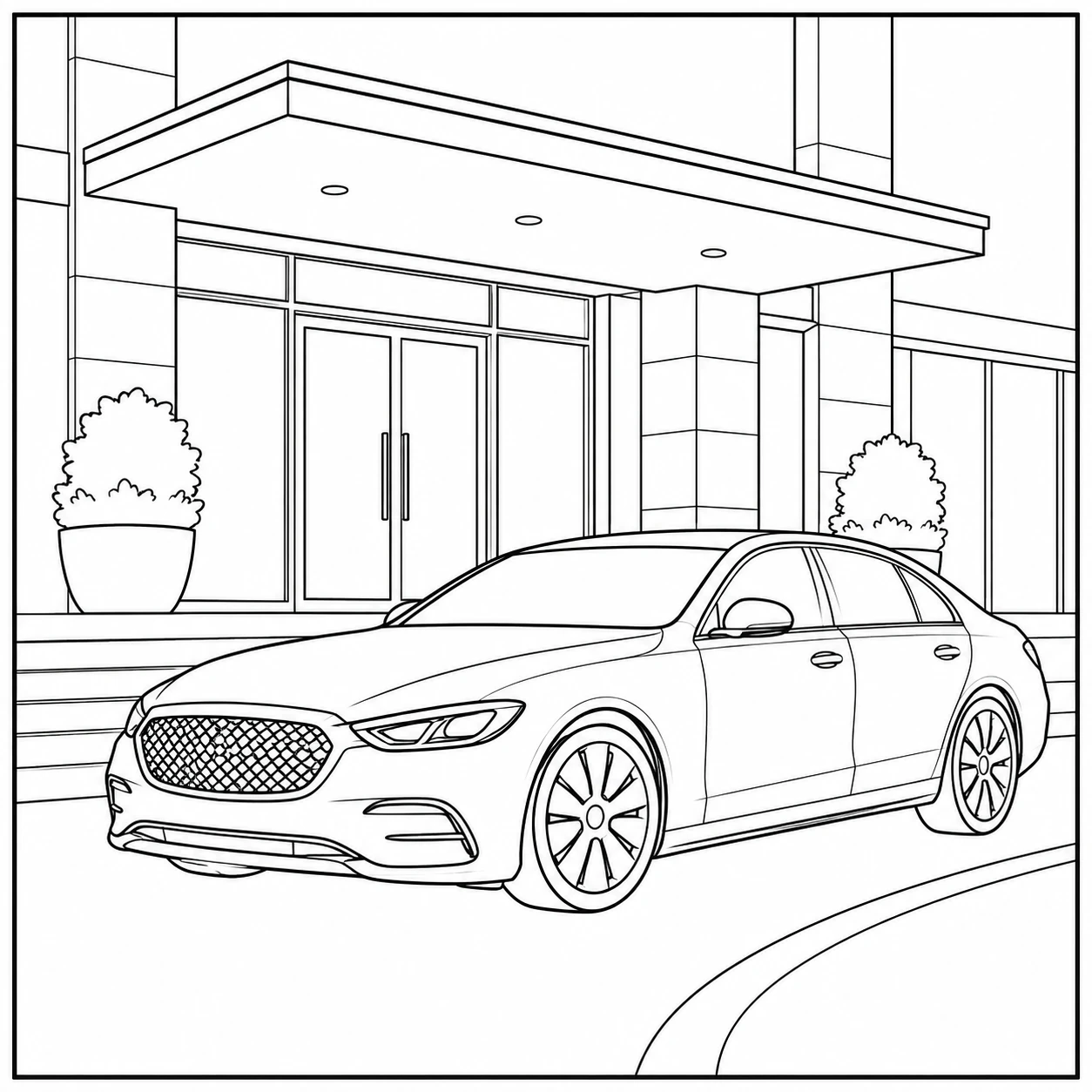 Luxe auto voor een moderne hotellingang met planten en brede deuren