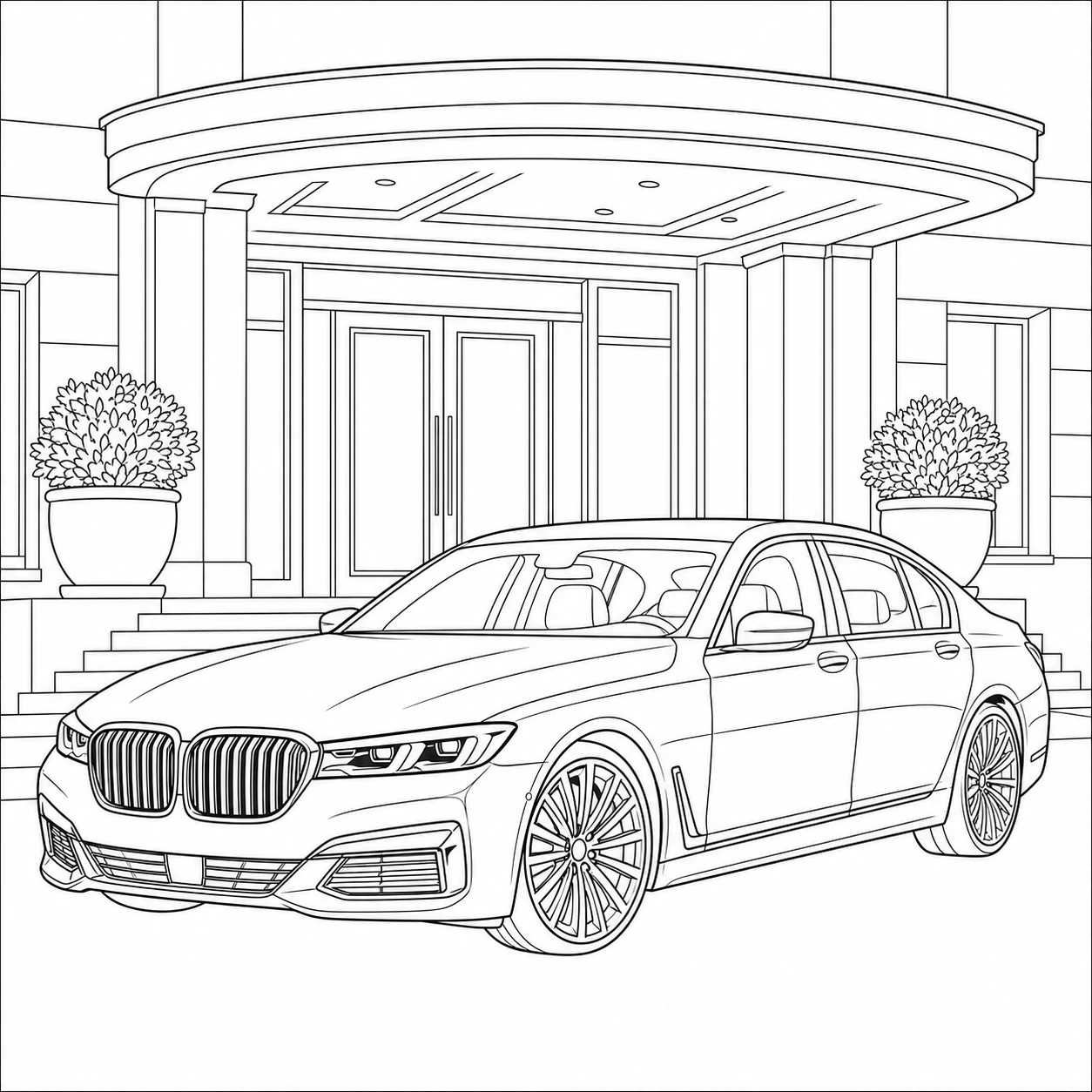 Luxe sedan voor een hotelingang met luifel en twee grote plantenbakken
