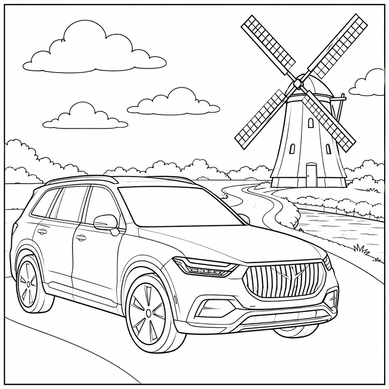 Luxe SUV bij een Nederlandse windmolen, kleurplaat auto mercedes met een landelijke weg