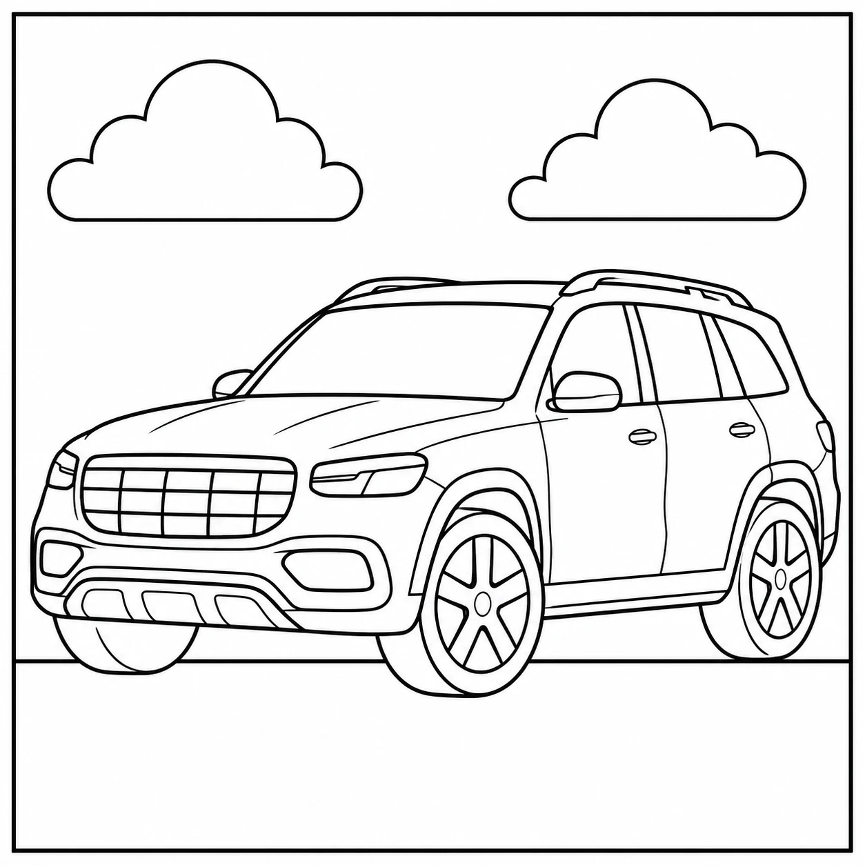 Luxe SUV in vooraanzicht met dakrails, brede grille en twee wolken erboven
