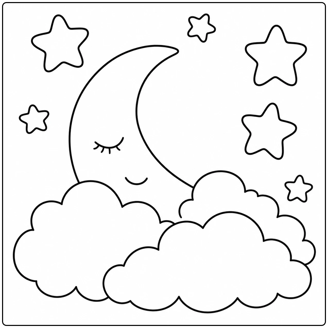 Slapende maan tussen zachte wolken met grote sterren in een rustige nachtscène