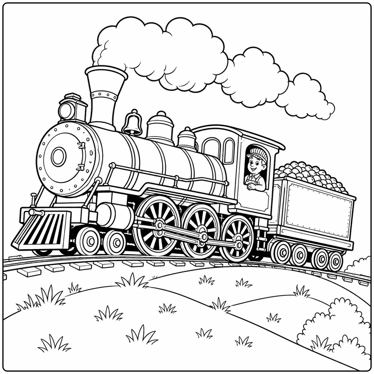Machinist rijdt over gebogen rails met een rokende locomotief in deze Stoomtrein Kleurplaat