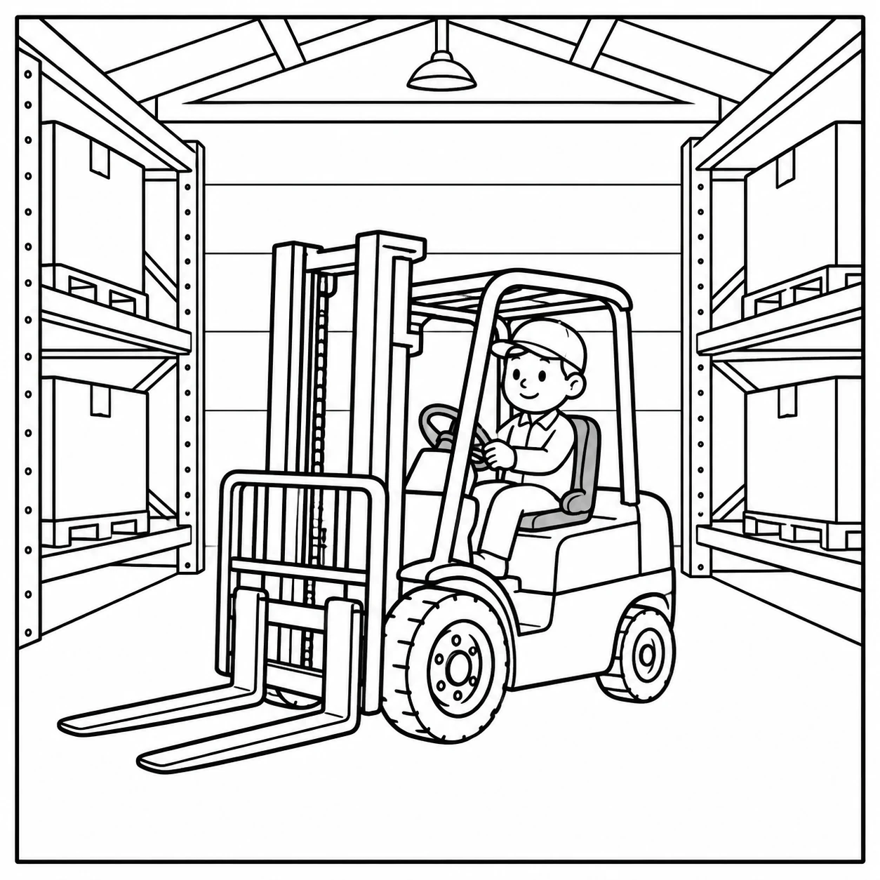 Een heftruck in een magazijn met stellingen en een bestuurder achter het stuur