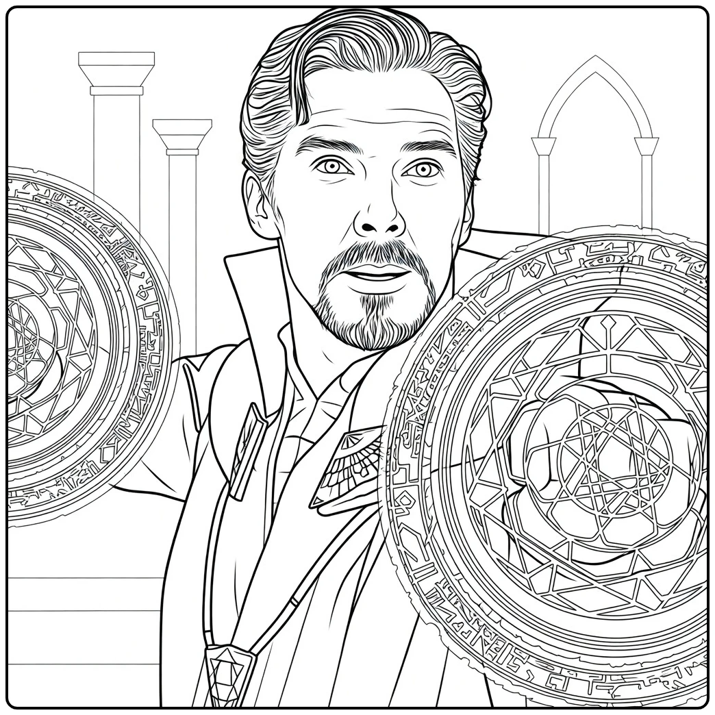 Doctor Strange Kleurplaat met een magiër die een energiebol vasthoudt en een cirkelvormige constructie maakt