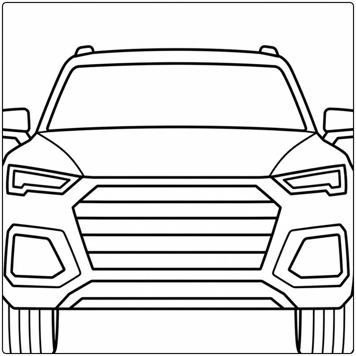Eenvoudige SUV recht van voren met brede grille, hoekige lampen en grote open kleurvlakken