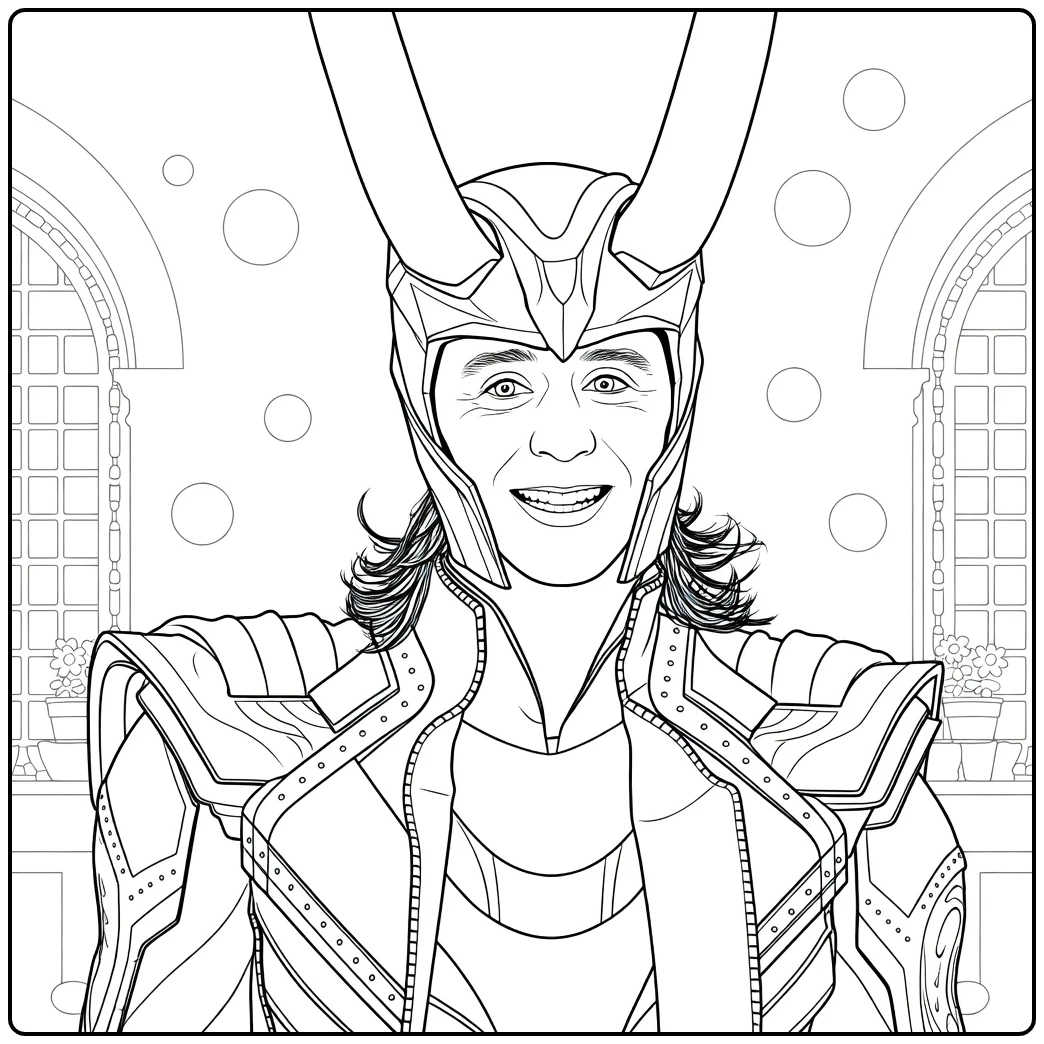 Loki Kleurplaat van een glimlachende man met schouderlang haar en gehoornde metalen helm