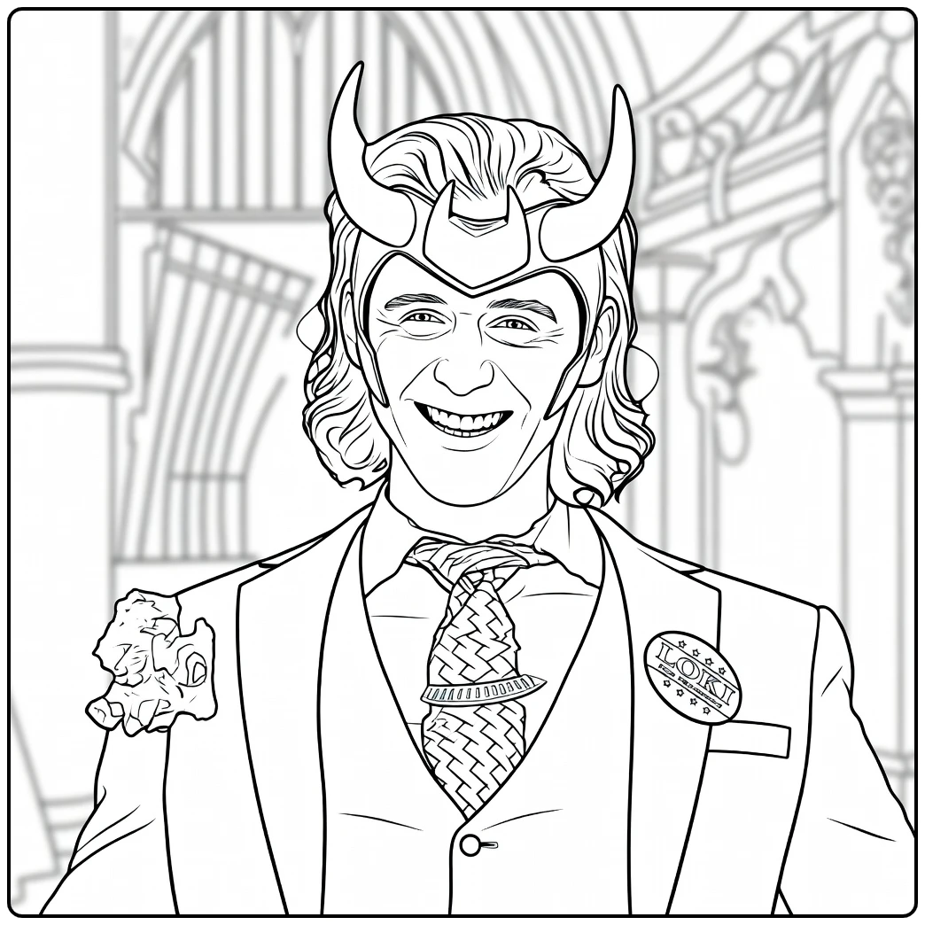 Loki Kleurplaat van een glimlachende man met gehoornde helm en golvend donker haar