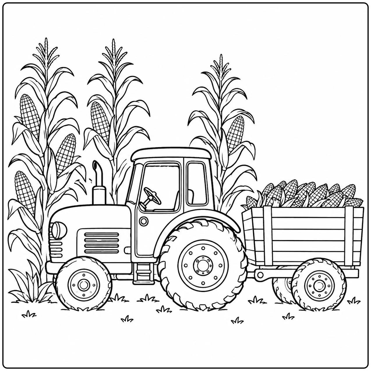 Naast hoge maïsplanten trekt een tractor een volle wagen in deze Oogsttrekker kleurplaat