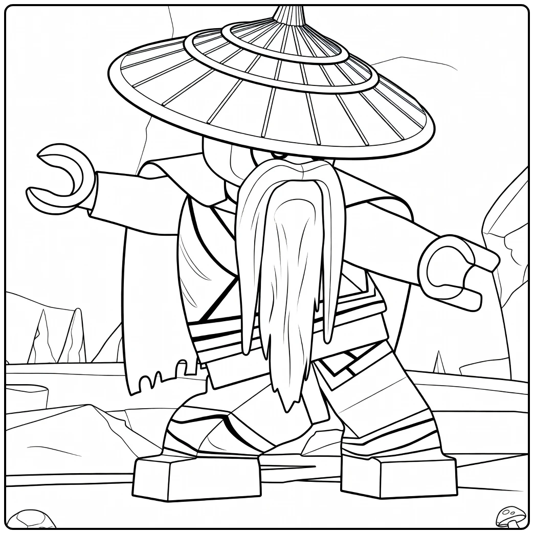 kleurplaat Master Wu ninjago met wijde houding en uitgestrekte armen tegen rotswand