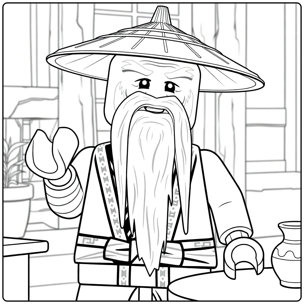 Oude man met lange baard en kegelhat in staande pose kleurplaat Master Wu ninjago