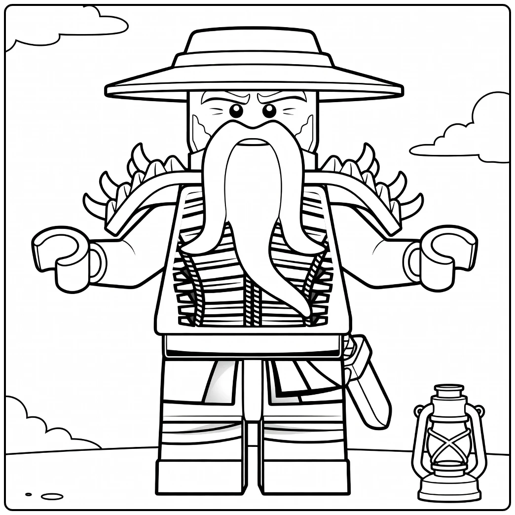 kleurplaat Master Wu ninjago van een oudere man met lange witte baard, strenge blik en brede hoed