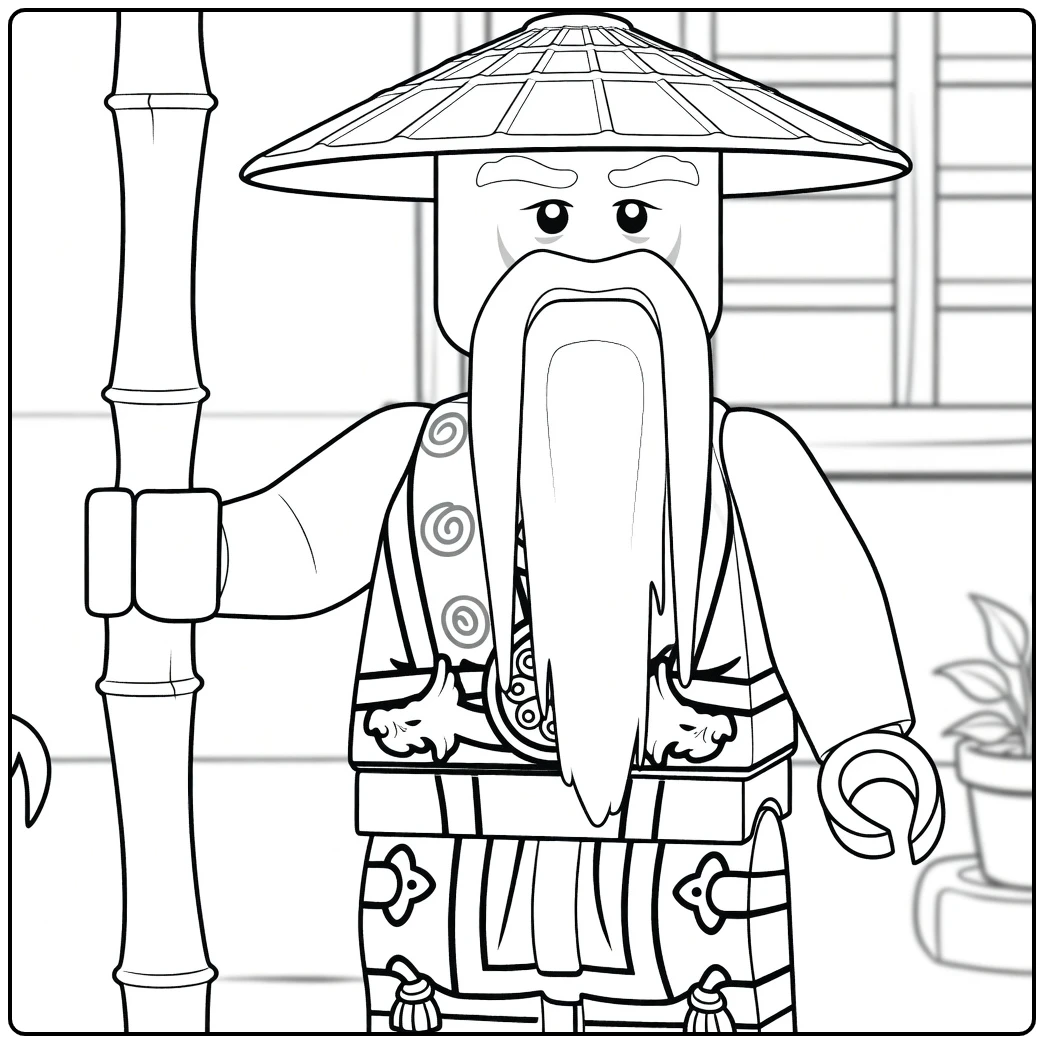 kleurplaat Master Wu ninjago van een oude wijze met lange witte baard en kegelvormige hoed naast een paal.